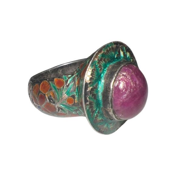 Antique Large Cabochon Ruby & Gripoix Glass Floral Band Goddess Statement Ring - Picture 4 of 16